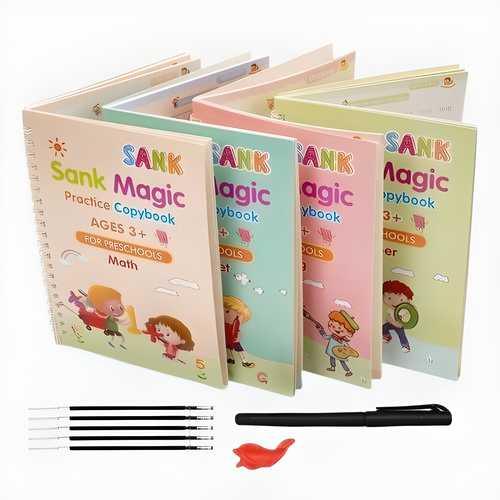 Sank Magic Practice Copybook (4 BOOKS,1 PEN,1 GRIP,10 REFILL) | Magic Calligraphy Copybook Set for Kids